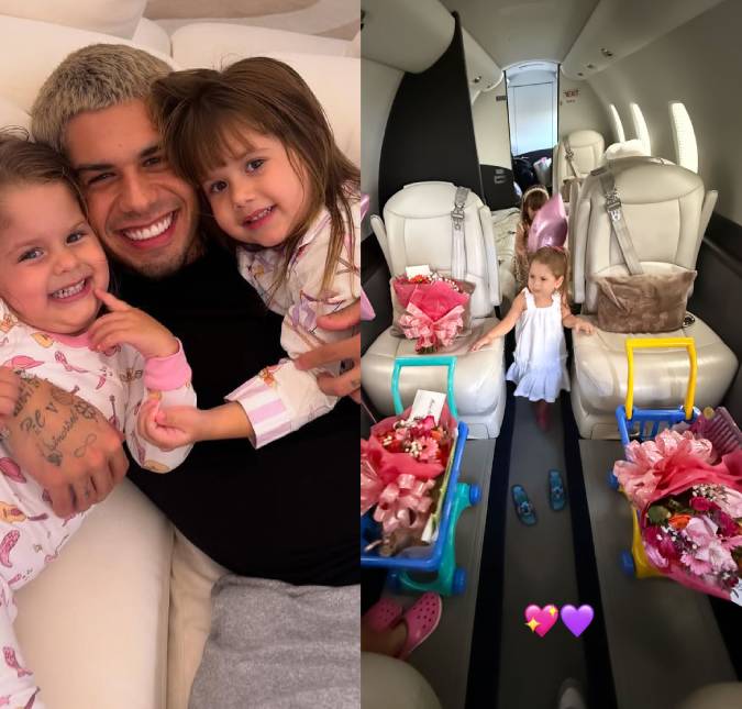 Antes de viagem com os filhos, Zé Felipe presenteia Maria Alice e Maria Flor com flores