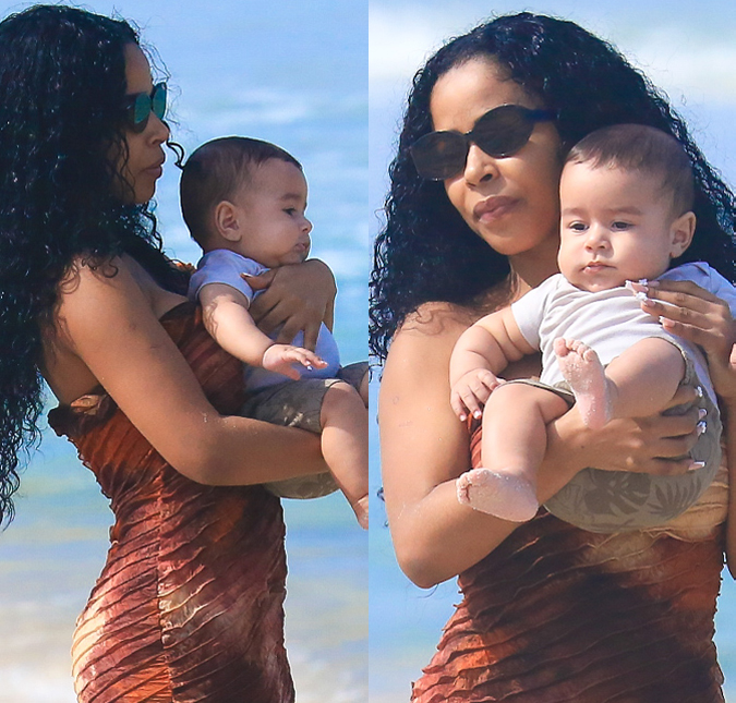 Após término com MC Daniel, Lorena Maria curte praia com o filho Rás