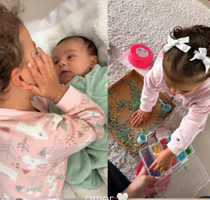 Bruna Biancardi encanta com fotos de Mavie fazendo carinho na irmã, Mel. Confira os melhores momentos da pequena