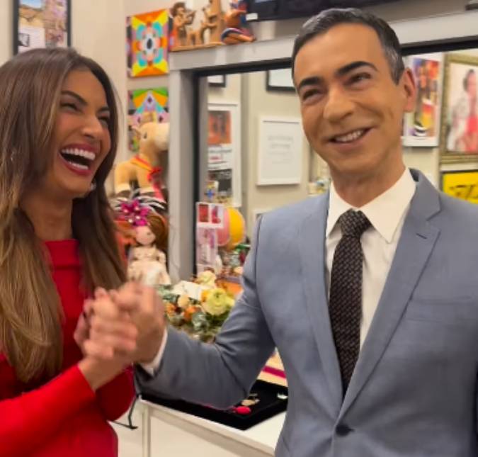 Cesar Tralli visita camarim da apresentadora Patrícia Poeta e mostra diversos mimos que ela ganhou dos fãs; confira o vídeo!
