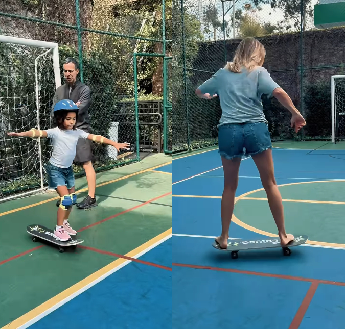 Ticiane Pinheiro mostra Cesar Tralli ensinando à filha a andar de skate; assista!
