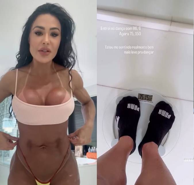 Gracyanne Barbosa se choca ao ver emagrecimento desde sua entrada no <i>Dança dos Famosos</i>