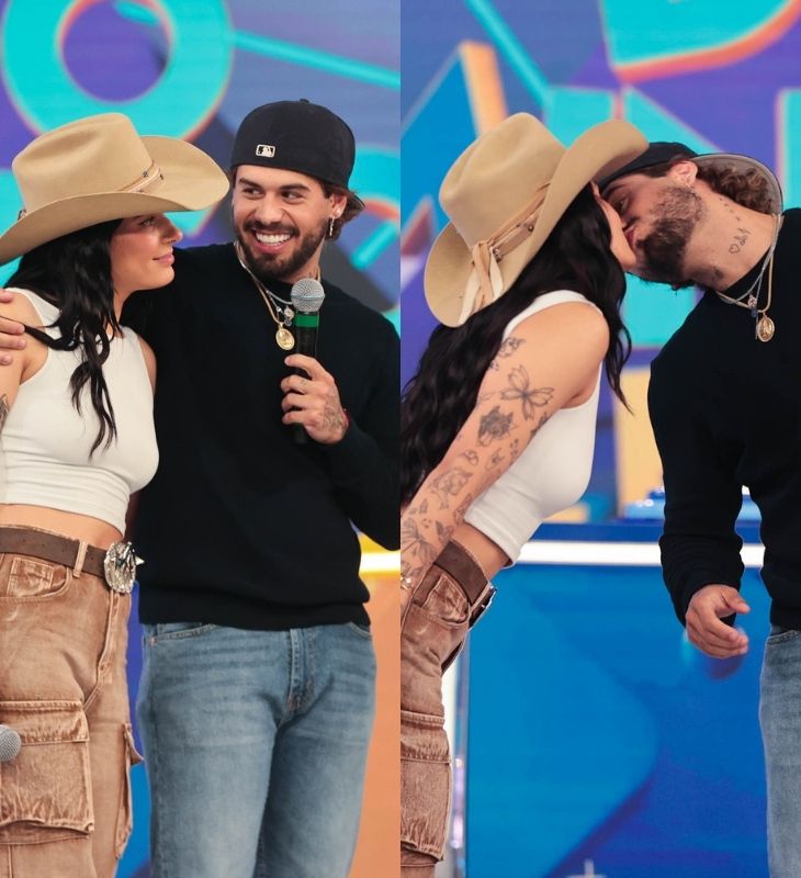 Zé Felipe e Ana Castela dão primeiro beijo público durante gravação do <i>Domingo Legal</i>; veja as fotos