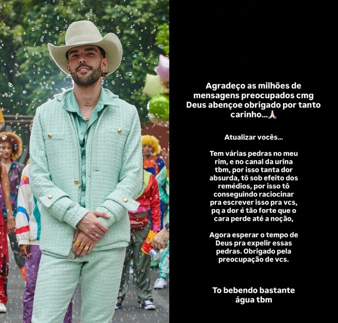 Com pedras nos rins, Luan Pereira atualiza estado de saúde e desabafa: <i>- Mesmo com remédio dói</i>