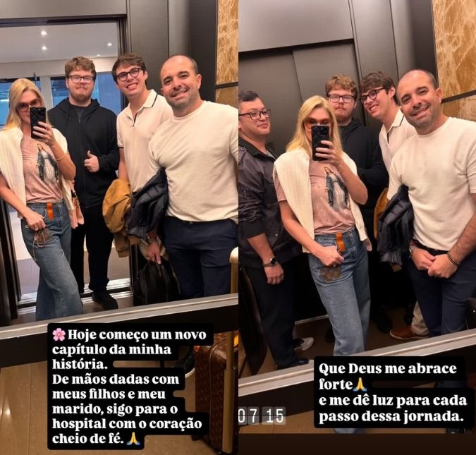 Acompanhada do marido e filhos, Val Marchiori vai ao hospital para primeira sessão de quimioterapia: <i>Começo um novo capítulo da minha história</i>