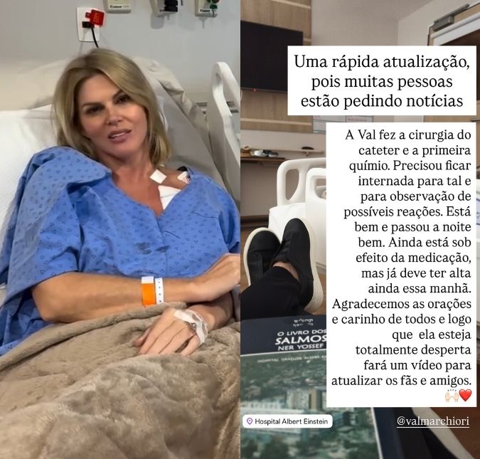 Marido atualiza estado de saúde de Val Marchiori após cirurgia de inserção de cateter e início da quimioterapia: <i>Está bem</i>