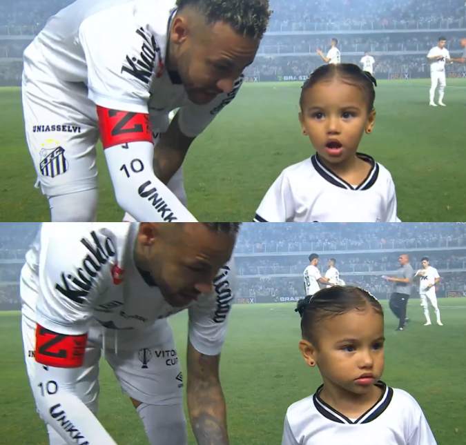 Em noite de clássico, Mavie entra em campo com Neymar Jr. e rouba a cena