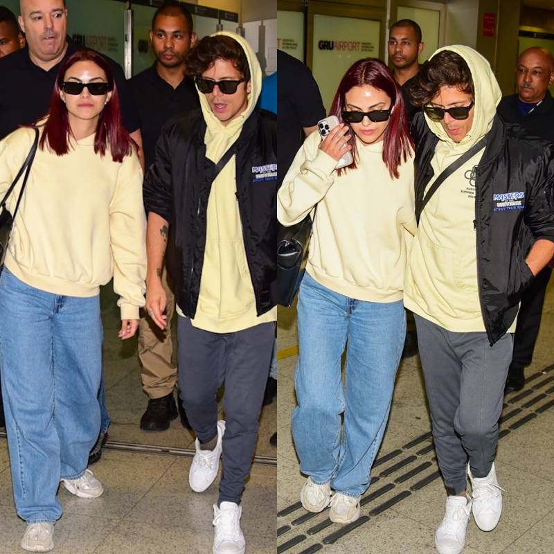 Com <i>aerolook</i> combinando, Rudy Mancuso e Camila Mendes desembarcam em São Paulo para <i>CCXP25</i>