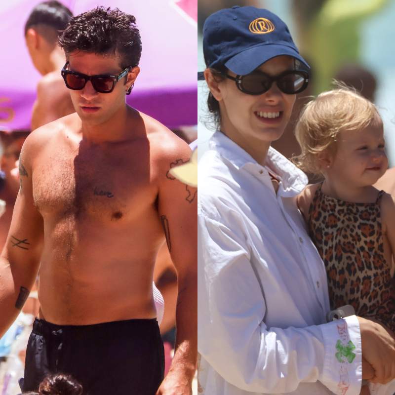 Chay Suede e Laura Neiva curtem praia com filha caçula