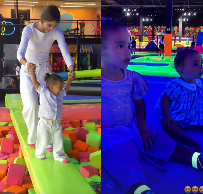 Em cidades diferentes, Bruna Biancardi e Amanda Kimberlly curtem parque de pula-pula com filhas de Neymar Jr.