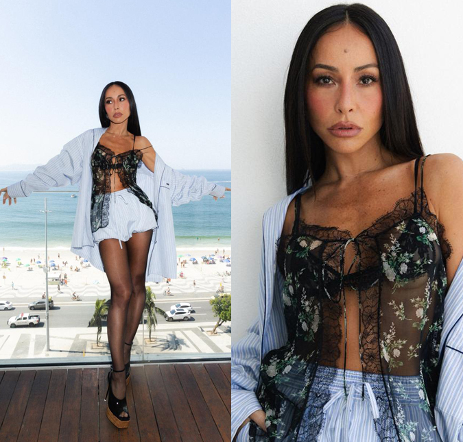 Sabrina Sato chama atenção ao combinar alfaiataria com lingerie