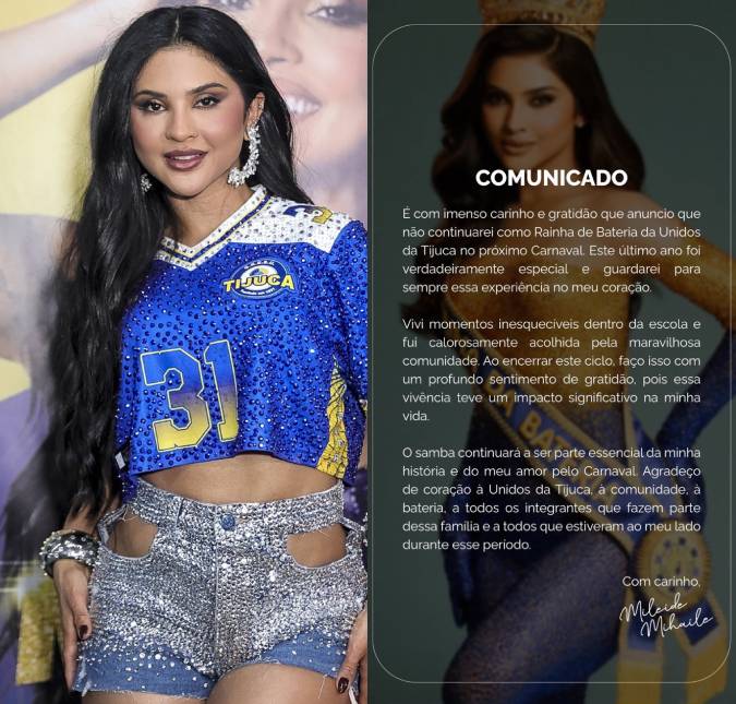 Mileide Mihaile deixa posto de Rainha de Bateria da Unidos da Tijuca: <i>Profundo sentimento de gratidão</i>