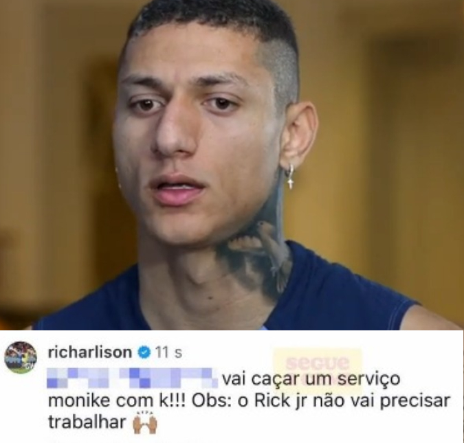 Richarlison rebate crítica ao nome do filho e dispara contra seguidora: <i> Vai caçar um serviço</i>