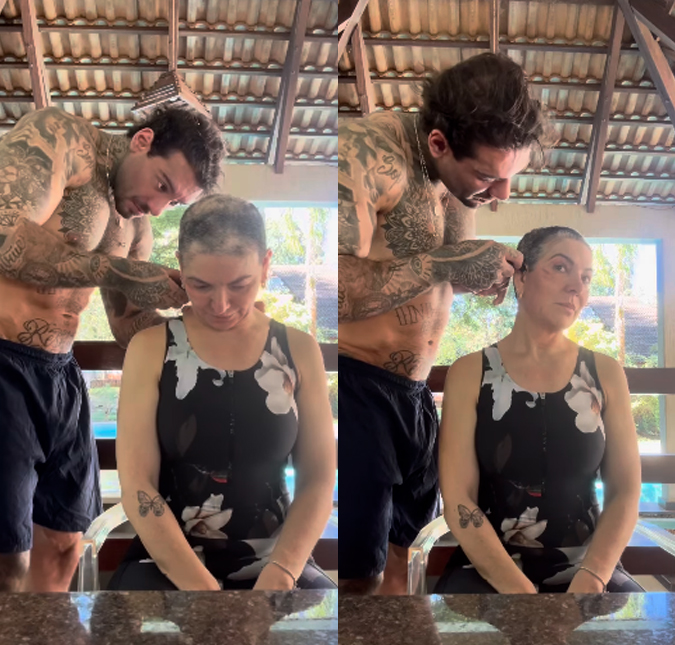 Após retorno da alopecia, mãe de Lucas Lucco raspa cabelo com ajuda do filho e desabafa: <i>A notícia entristece</i>