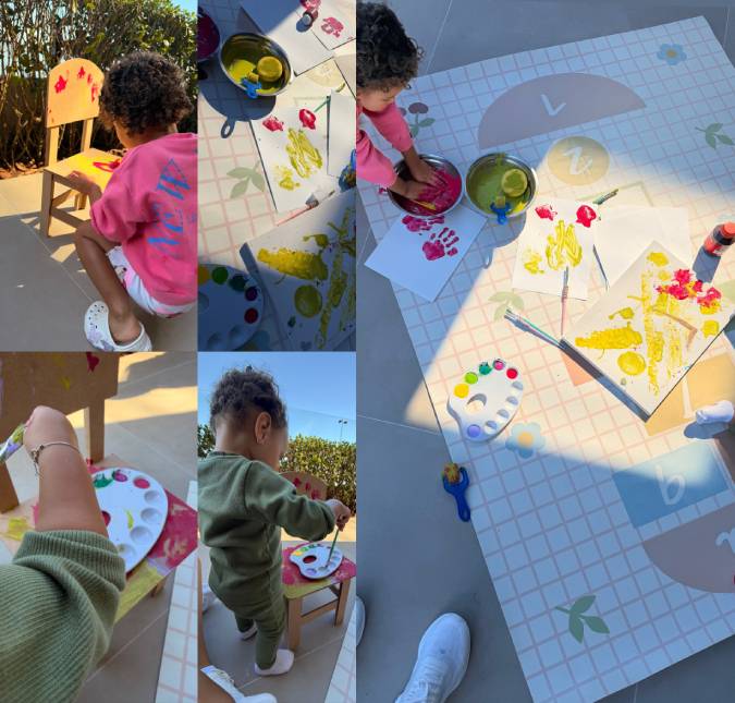 Artistas! Bruna Biancardi encanta ao compartilhar cliques de Mavie e Mel brincando de pintar