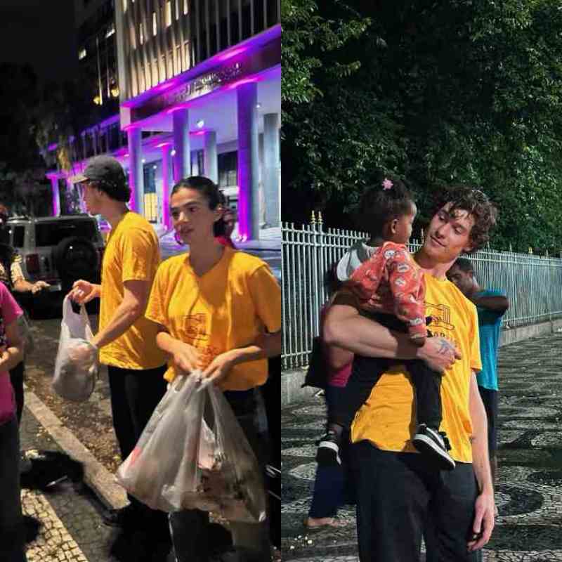 Bruna Marquezine e Shawn Mendes entregam marmitas para pessoas em situação de rua no Rio de Janeiro