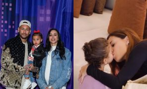 Bruna Biancardi presenteia Mavie com estojo de maquiagem e recebe beijinho da pequena! Veja os pais famosos que trocam selinhos com os filhos