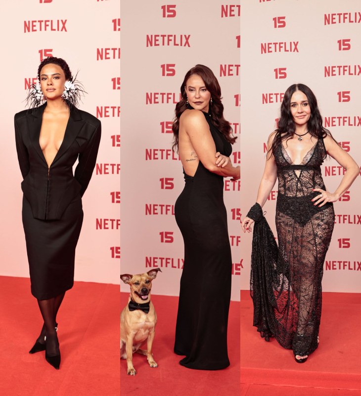 Bella Campos com brincão, Paolla Oliveira e um cachorrinho fofo, Alessandra Negrini com <i>look</i> ousado! Veja o elenco de peso que esteve na festa de 15 anos da <i>Netflix</i>