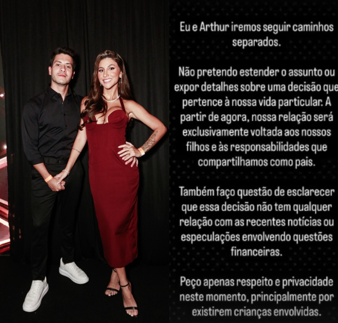 Jheny Santucci confirma separação de Arthur Aguiar após apagar <i>post</i> sobre fim do casamento
