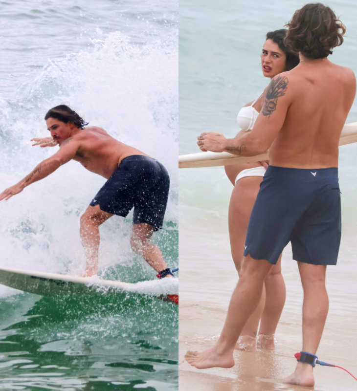 Grávida, Mari Saad exibe barrigão na praia e troca beijos com Rômulo Arantes Neto